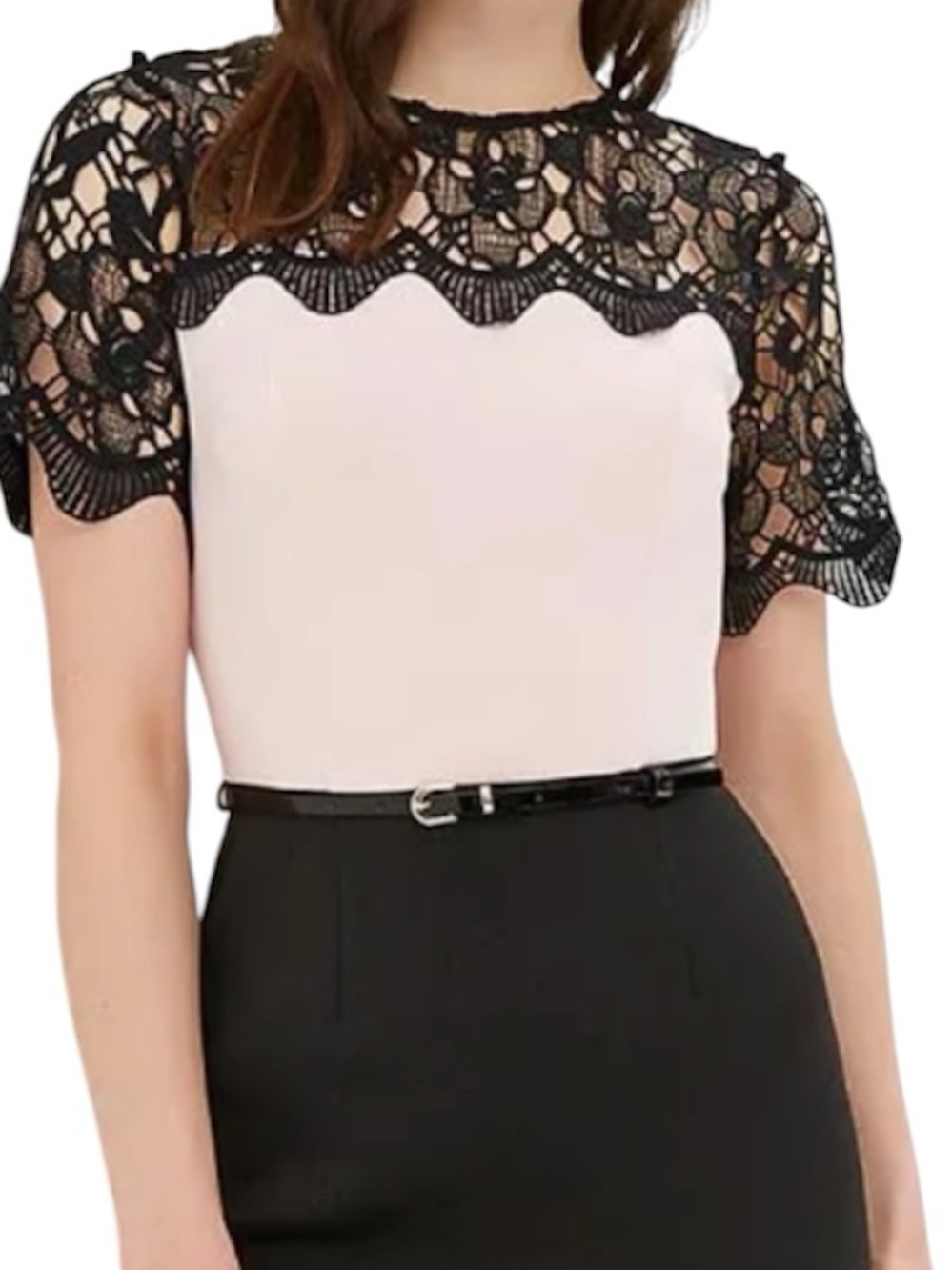 Pelonie Scalloped Lace Yoke Blouse in Light Pink and Black